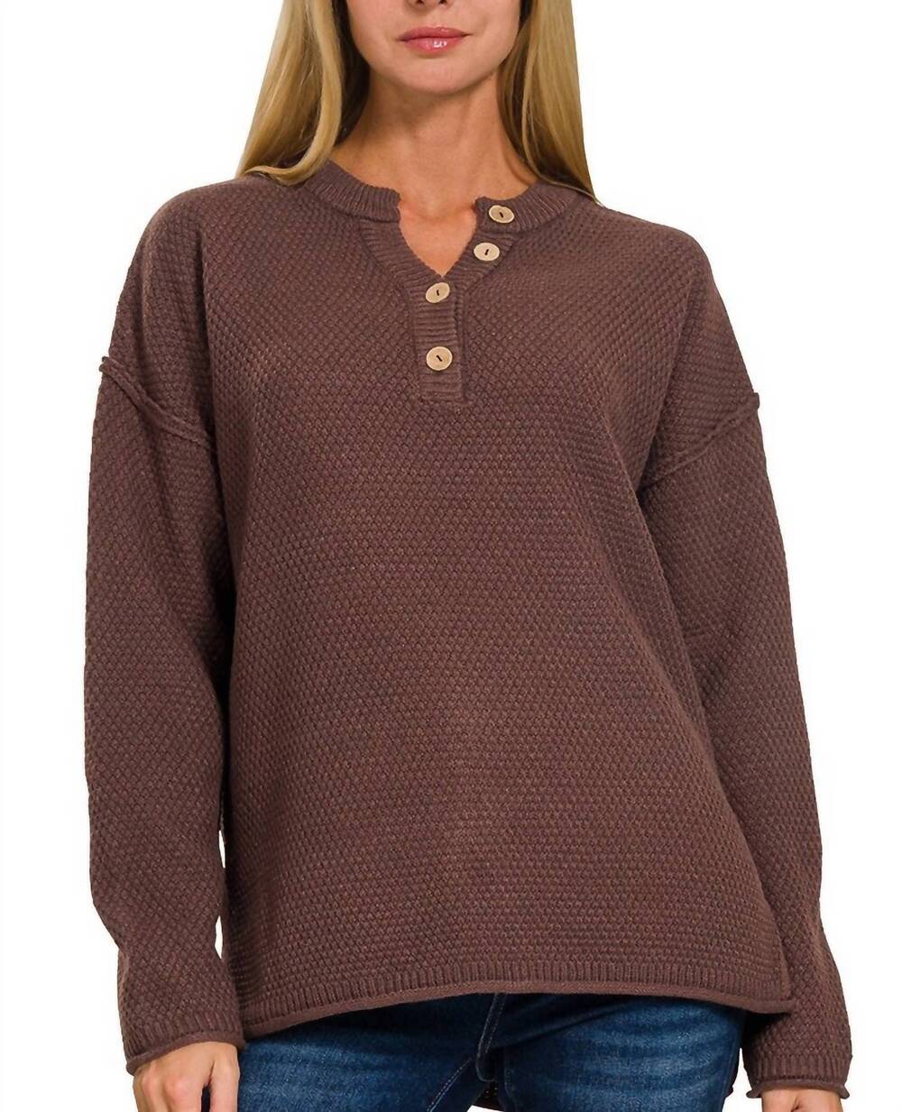 NEW ZENANA henley basic sweater in dark brown
